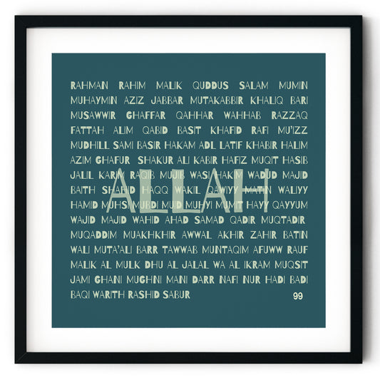 A poster titled '99 Names of Allah'. The poster features a simple and elegant design, with the 99 names of Allah written in a bold, structured typography in white against a dark green background, enclosed in a black frame. The webpage includes size options such as 12x12, 16x16, and 20x20 inches, and color choices between 'Green Forest' and 'Orange Pop'. The price is listed as £14.99 GBP with free shipping, and the page offers buttons for quantity selection and adding the item to the cart."