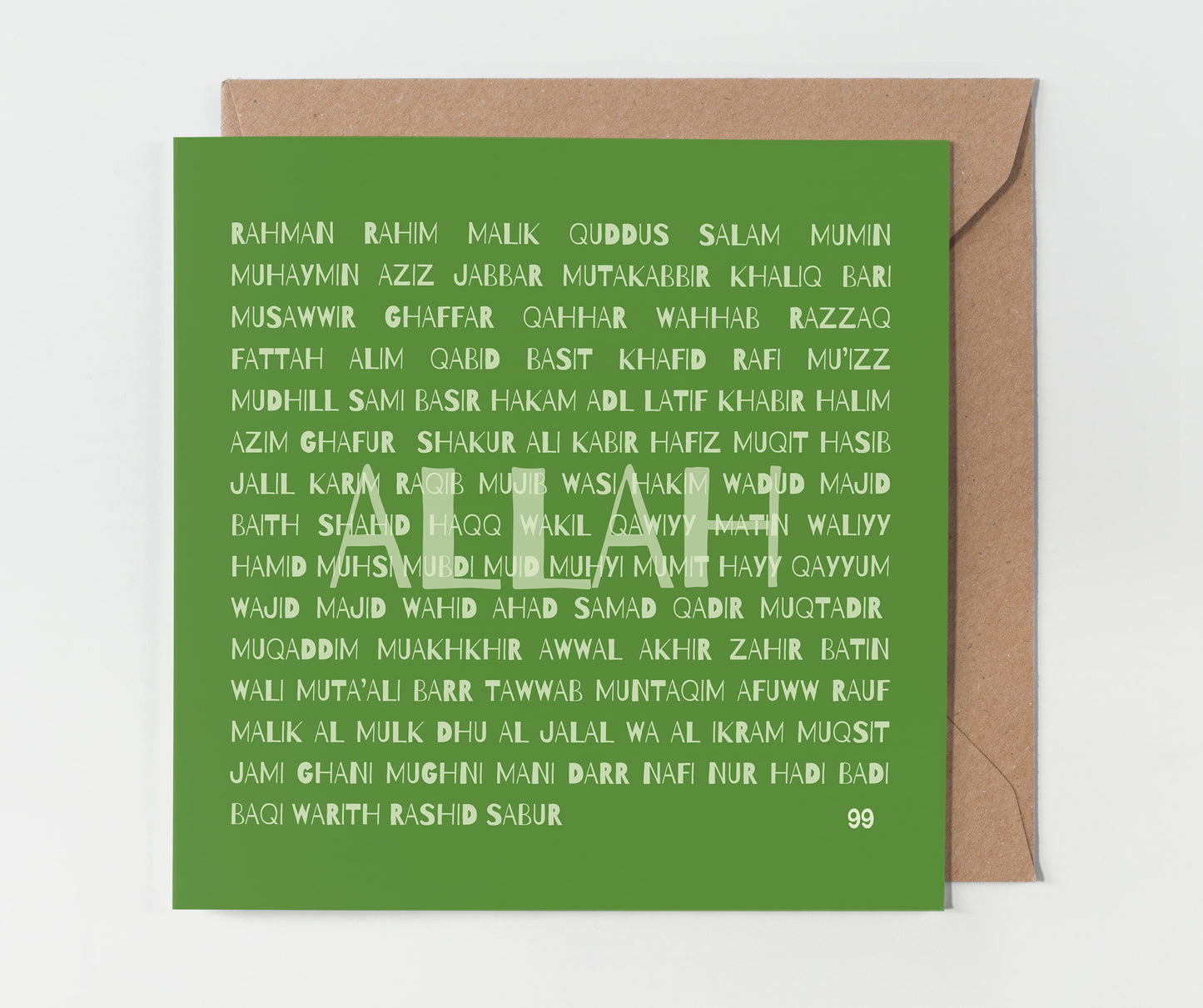 A contemporary Islamic greeting card titled '99 Names of Allah.' The card is displayed in a shade called 'Green Space' and features a modern typographic design with the 99 names of Allah printed in white on a green background. The page also includes options for color selection, quantity adjustment, and buttons for adding the item to the cart and purchasing it. The price is listed as £3.99 GBP with free shipping.