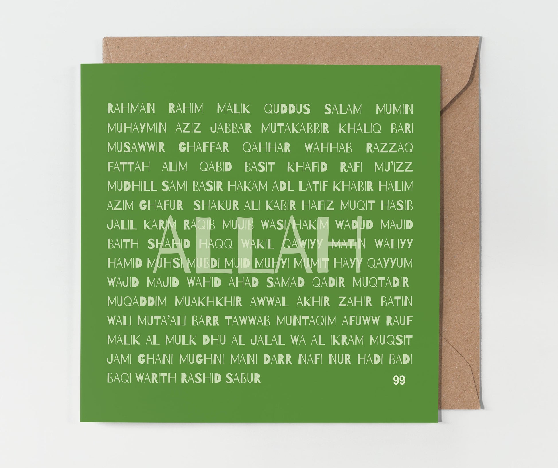 A contemporary Islamic greeting card titled '99 Names of Allah.' The card is displayed in a shade called 'Green Space' and features a modern typographic design with the 99 names of Allah printed in white on a green background. The page also includes options for color selection, quantity adjustment, and buttons for adding the item to the cart and purchasing it. The price is listed as £3.99 GBP with free shipping.