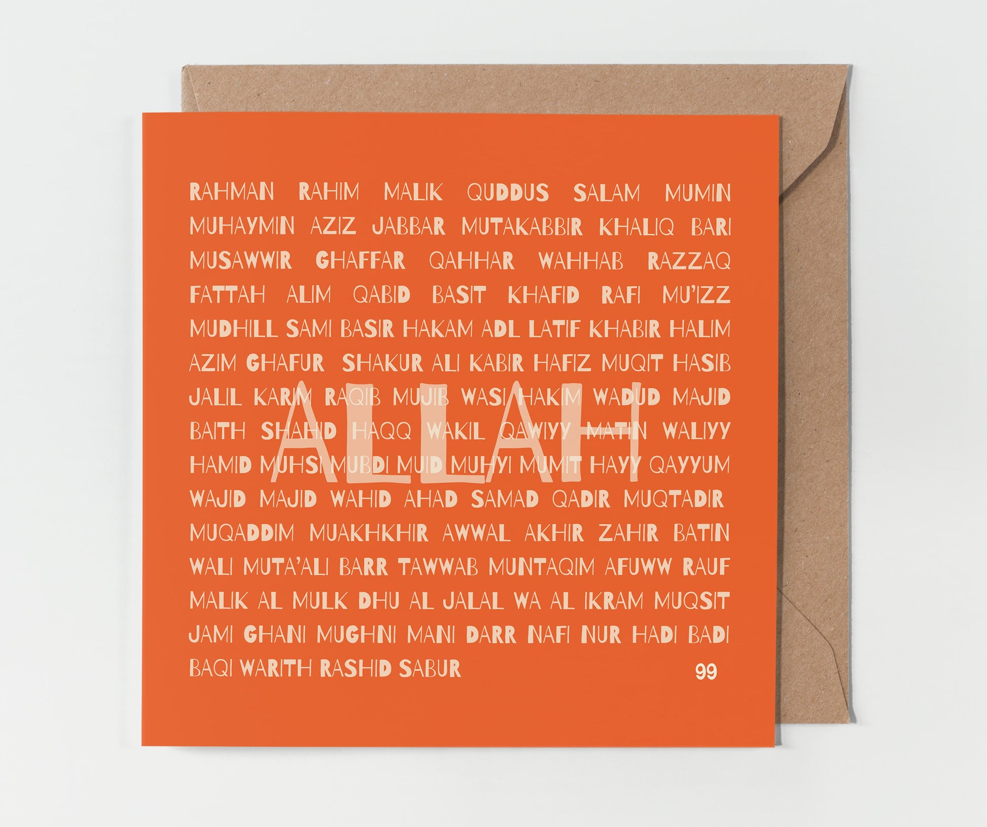 A contemporary Islamic greeting card titled '99 Names of Allah'. The card is displayed with a choice of two colors, 'Green Space' and 'Orange Pop'. The visible card is in 'Green Space' color and features the 99 names of Allah printed in a structured, elegant font in white on a green background. The webpage includes options to select the quantity and a button to add the product to the shopping cart, priced at £3.99 GBP with free shipping highlighted.