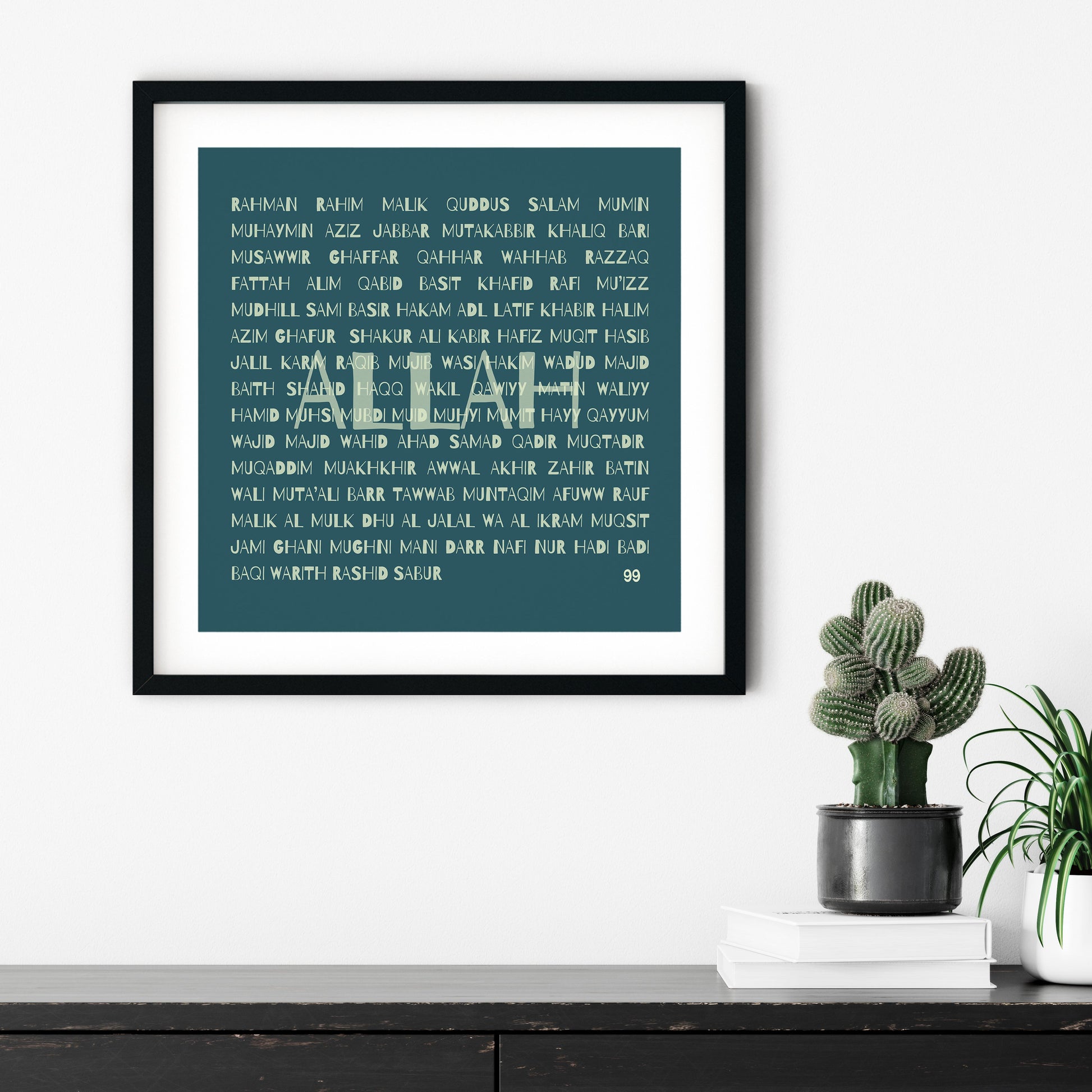 A poster titled '99 Names of Allah'. The poster features a simple and elegant design, with the 99 names of Allah written in a bold, structured typography in white against a dark green background, enclosed in a black frame. The webpage includes size options such as 12x12, 16x16, and 20x20 inches, and color choices between 'Green Forest' and 'Orange Pop'. The price is listed as £14.99 GBP with free shipping, and the page offers buttons for quantity selection and adding the item to the cart."