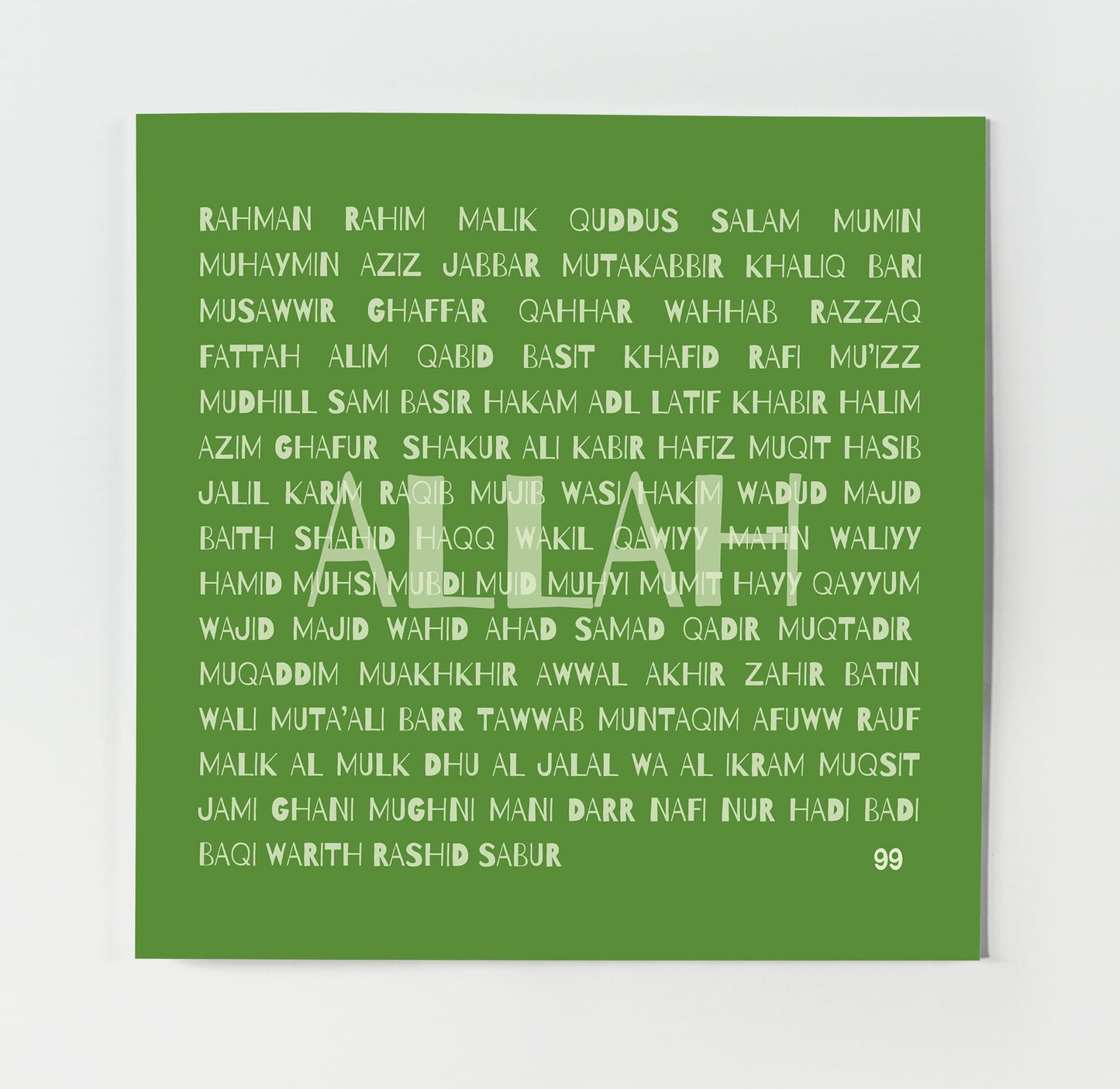 A contemporary Islamic greeting card titled '99 Names of Allah.' The card is displayed in a shade called 'Green Space' and features a modern typographic design with the 99 names of Allah printed in white on a green background. The page also includes options for color selection, quantity adjustment, and buttons for adding the item to the cart and purchasing it. The price is listed as £3.99 GBP with free shipping.