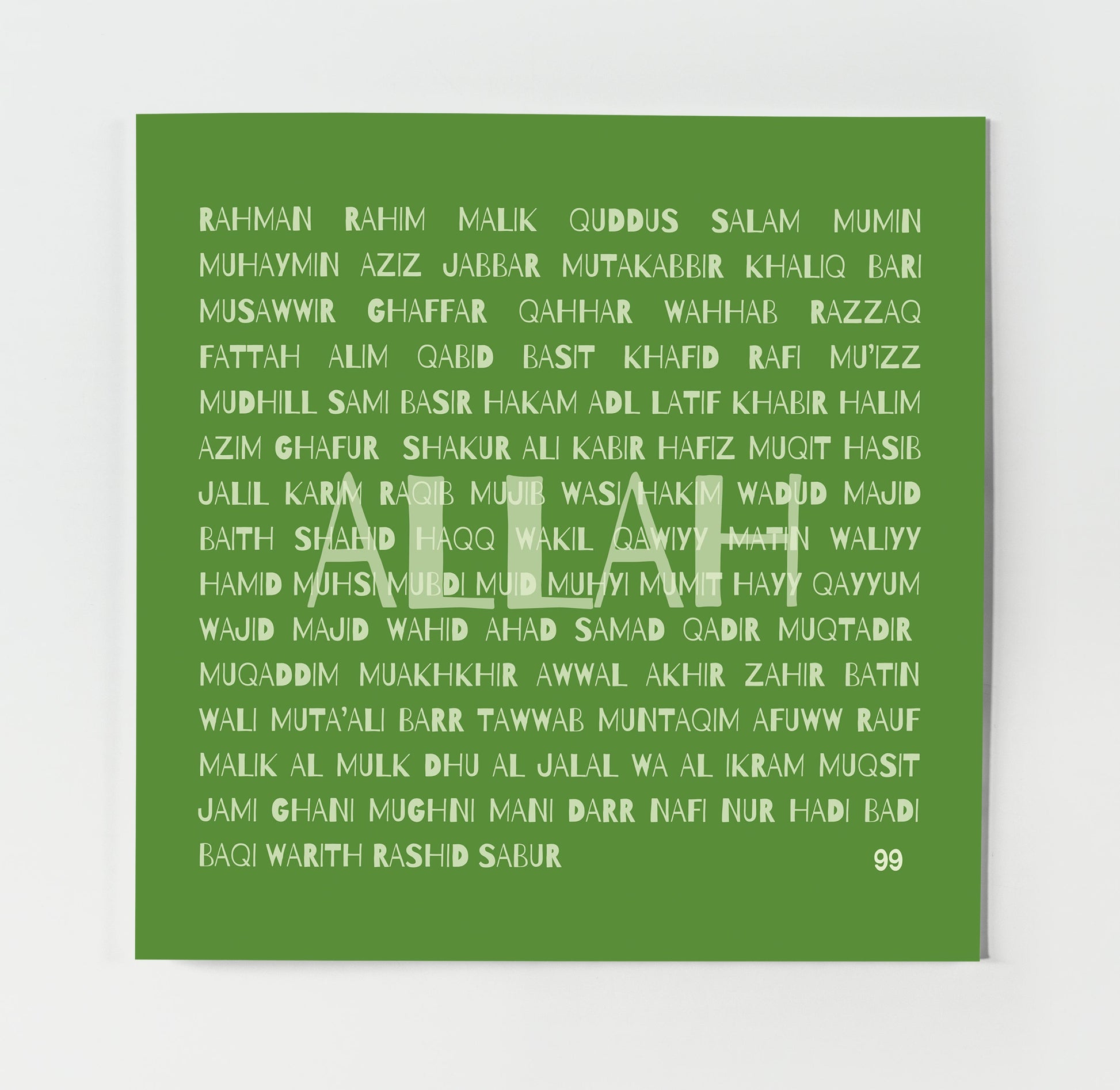 A contemporary Islamic greeting card titled '99 Names of Allah.' The card is displayed in a shade called 'Green Space' and features a modern typographic design with the 99 names of Allah printed in white on a green background. The page also includes options for color selection, quantity adjustment, and buttons for adding the item to the cart and purchasing it. The price is listed as £3.99 GBP with free shipping.