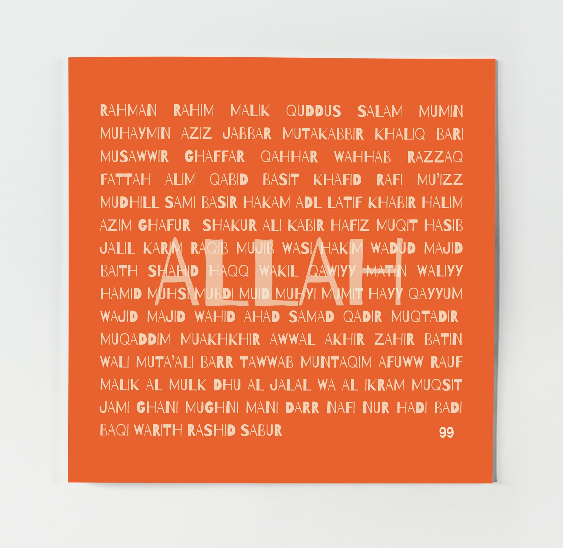 A contemporary Islamic greeting card titled '99 Names of Allah'. The card is displayed with a choice of two colors, 'Green Space' and 'Orange Pop'. The visible card is in 'Green Space' color and features the 99 names of Allah printed in a structured, elegant font in white on a green background. The webpage includes options to select the quantity and a button to add the product to the shopping cart, priced at £3.99 GBP with free shipping highlighted.