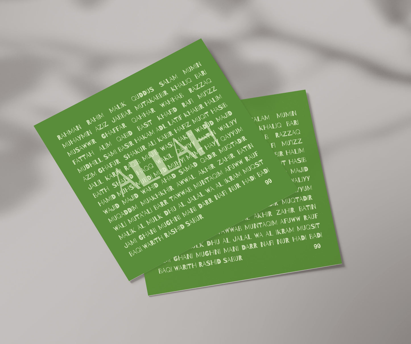 A contemporary Islamic greeting card titled '99 Names of Allah.' The card is displayed in a shade called 'Green Space' and features a modern typographic design with the 99 names of Allah printed in white on a green background. The page also includes options for color selection, quantity adjustment, and buttons for adding the item to the cart and purchasing it. The price is listed as £3.99 GBP with free shipping.