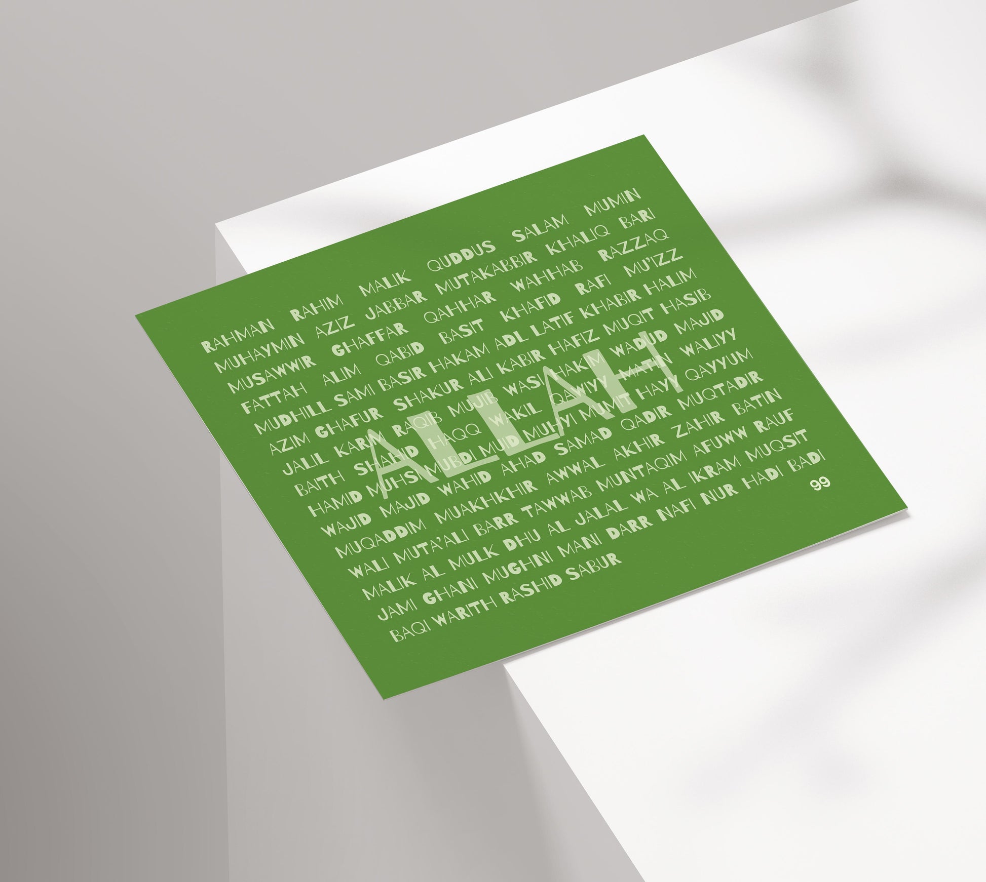 A contemporary Islamic greeting card titled '99 Names of Allah.' The card is displayed in a shade called 'Green Space' and features a modern typographic design with the 99 names of Allah printed in white on a green background. The page also includes options for color selection, quantity adjustment, and buttons for adding the item to the cart and purchasing it. The price is listed as £3.99 GBP with free shipping.