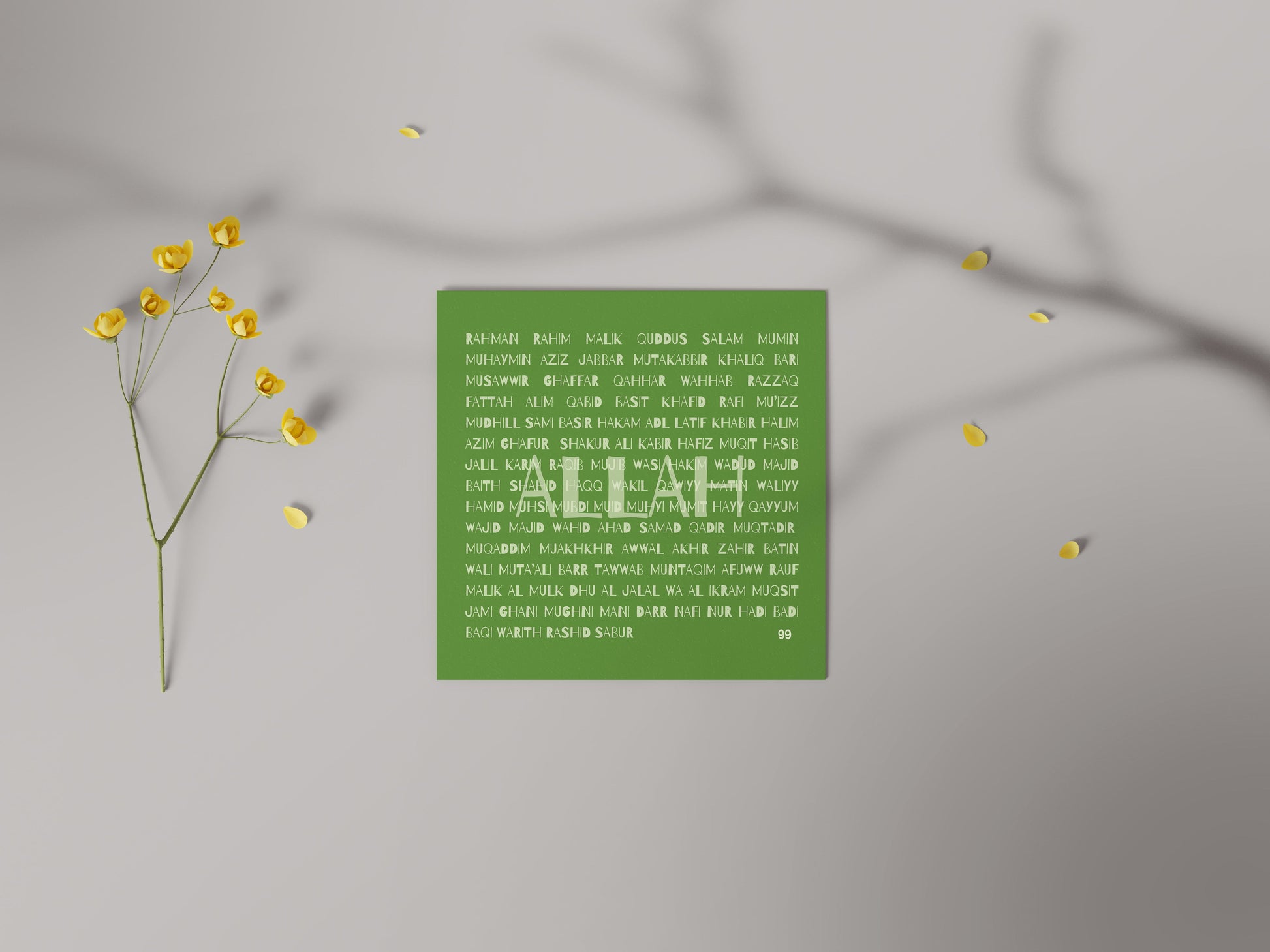 A contemporary Islamic greeting card titled '99 Names of Allah.' The card is displayed in a shade called 'Green Space' and features a modern typographic design with the 99 names of Allah printed in white on a green background. The page also includes options for color selection, quantity adjustment, and buttons for adding the item to the cart and purchasing it. The price is listed as £3.99 GBP with free shipping.