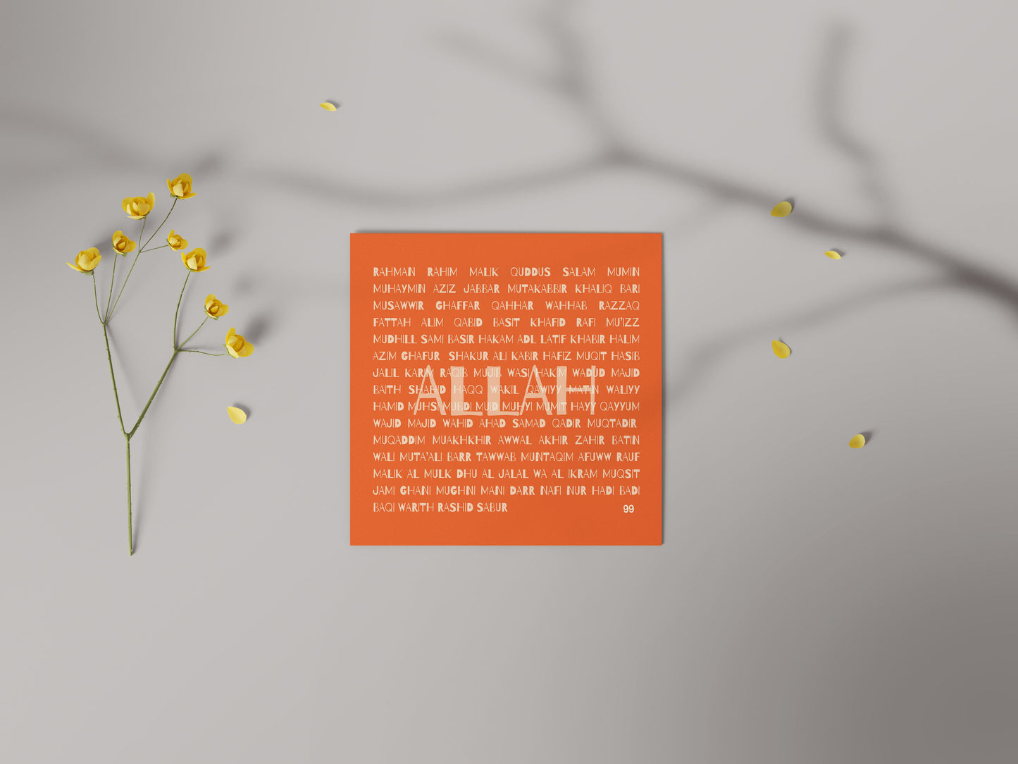 A contemporary Islamic greeting card titled '99 Names of Allah'. The card is displayed with a choice of two colors, 'Green Space' and 'Orange Pop'. The visible card is in 'Green Space' color and features the 99 names of Allah printed in a structured, elegant font in white on a green background. The webpage includes options to select the quantity and a button to add the product to the shopping cart, priced at £3.99 GBP with free shipping highlighted.