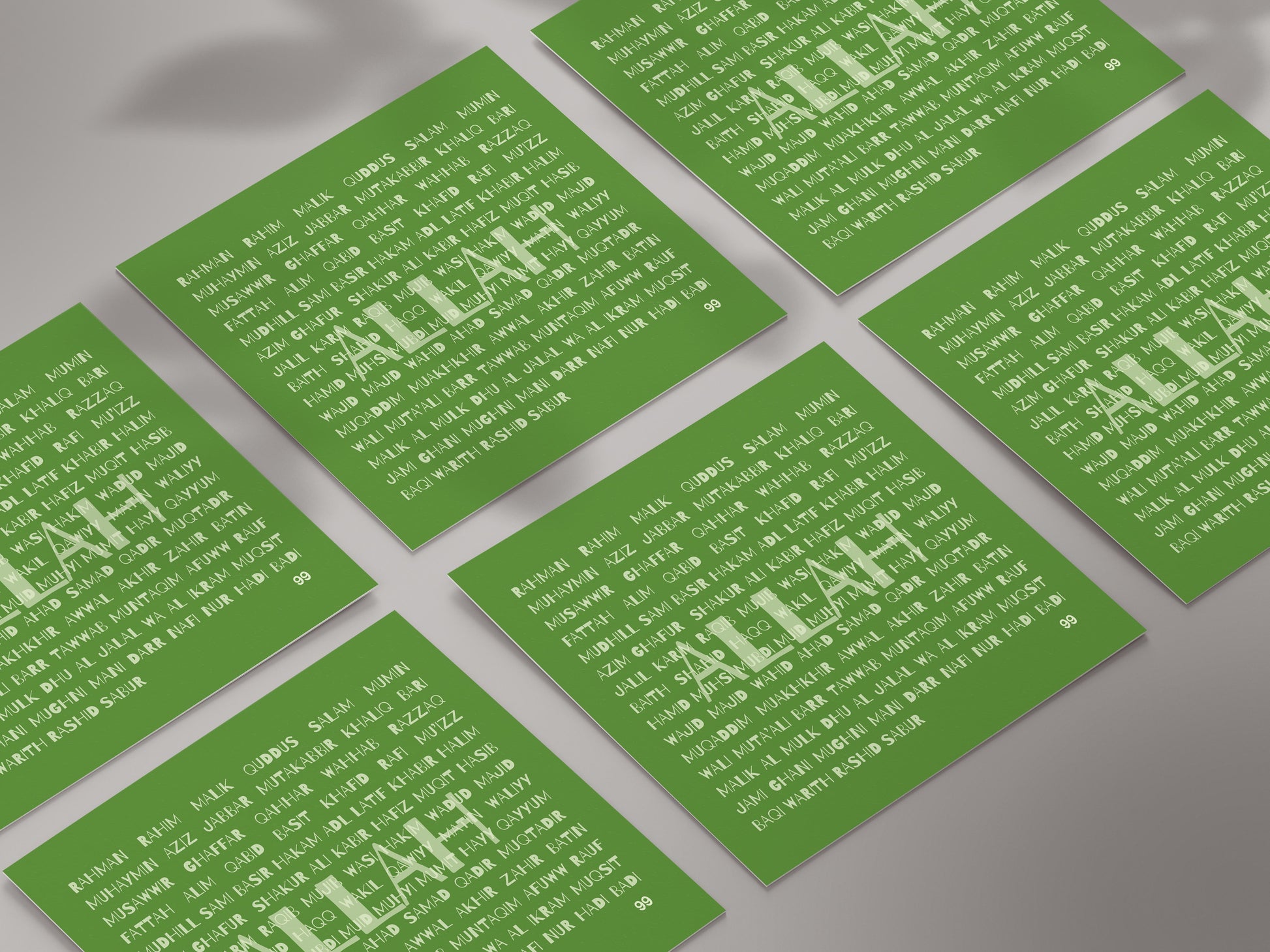 A contemporary Islamic greeting card titled '99 Names of Allah.' The card is displayed in a shade called 'Green Space' and features a modern typographic design with the 99 names of Allah printed in white on a green background. The page also includes options for color selection, quantity adjustment, and buttons for adding the item to the cart and purchasing it. The price is listed as £3.99 GBP with free shipping.